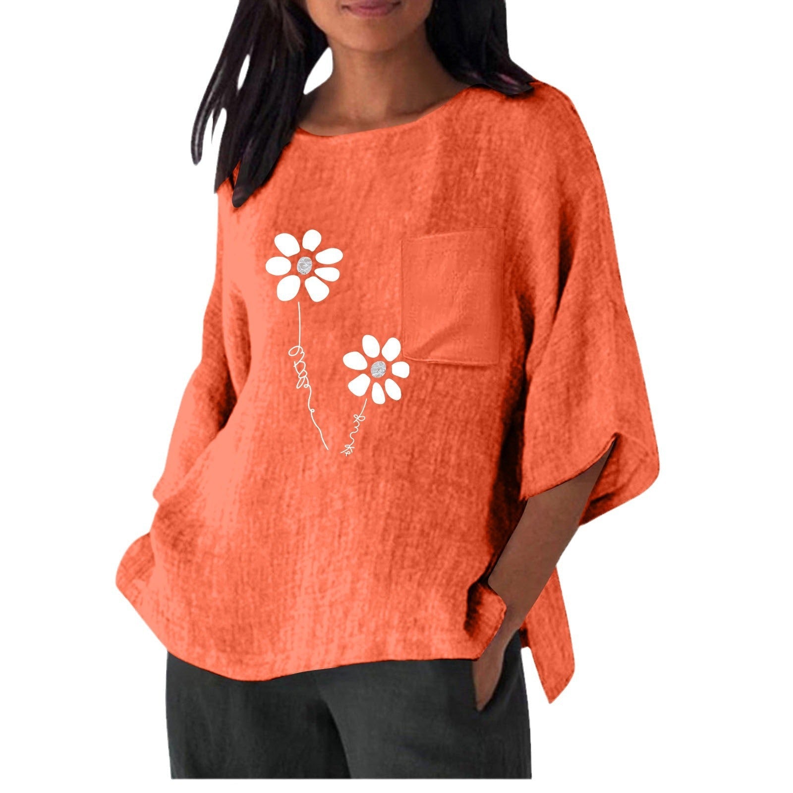 Damen lässiges Blusenshirt mit einzigartigem Blumenprint und praktischem Brusttaschen Shopnory