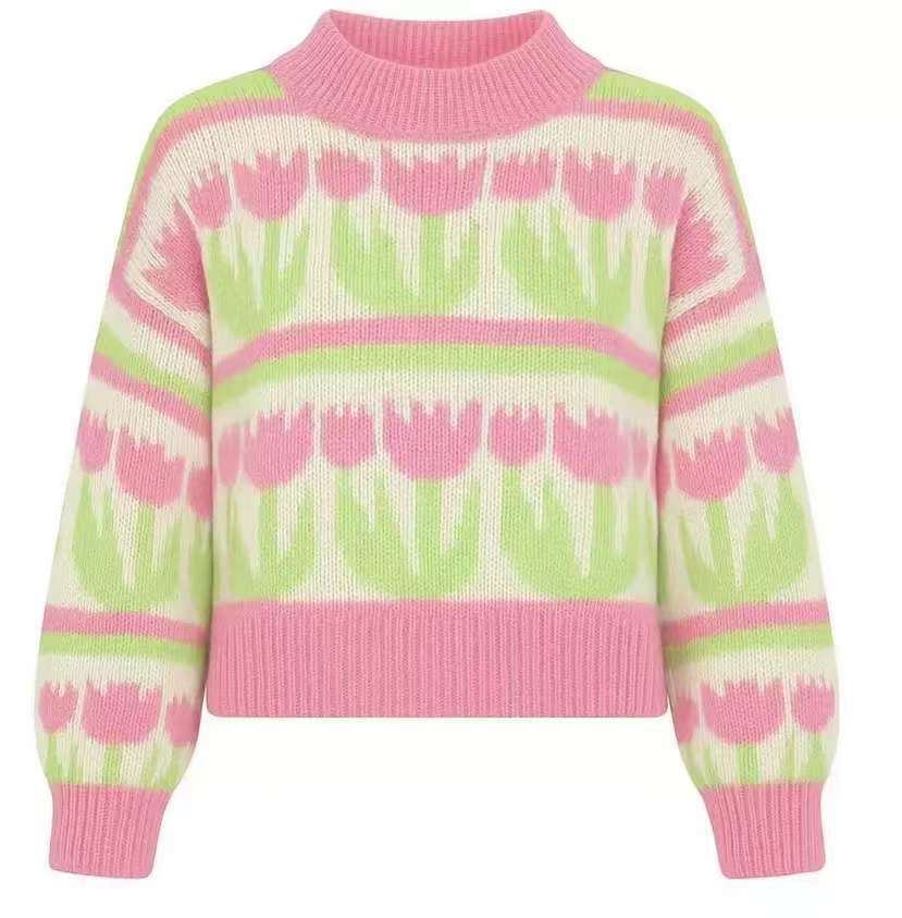 Damen nan Grobstrickpullover mit eingestrickten Herzmotiven, hohem Stehkragen und lässiger Oversize-Silhouette Shop Nory