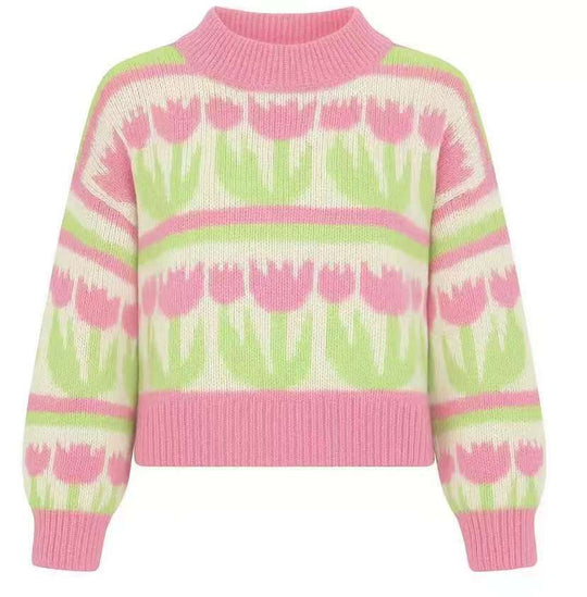 Damen nan Grobstrickpullover mit eingestrickten Herzmotiven, hohem Stehkragen und lässiger Oversize-Silhouette Shop Nory