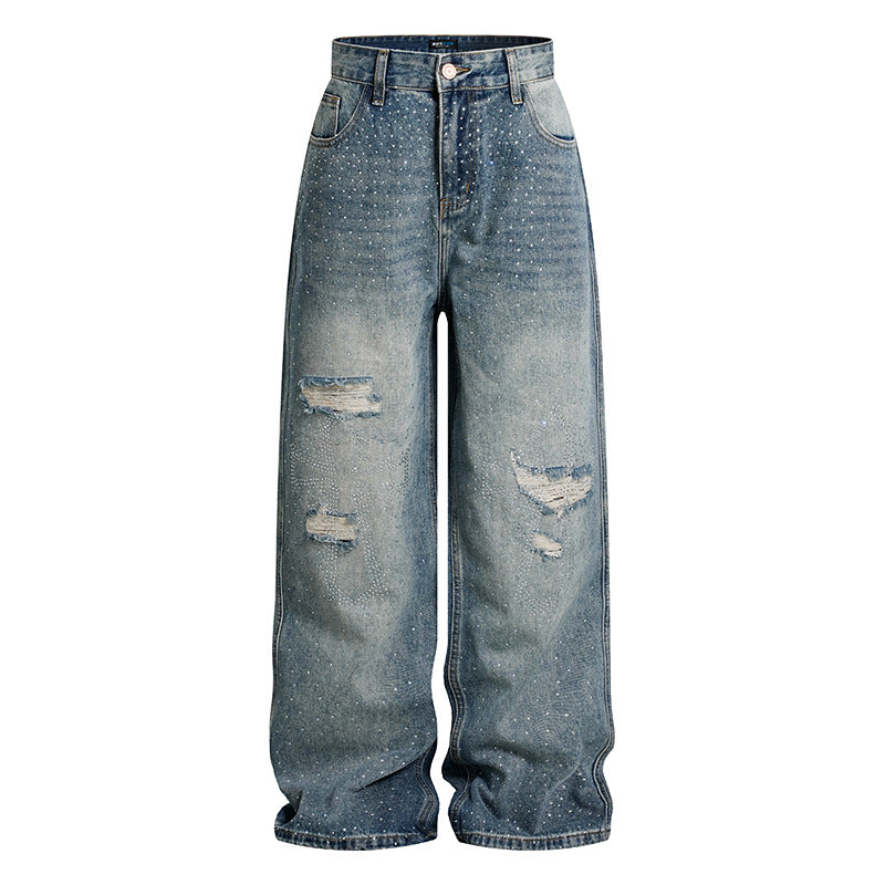 Damen Weite High‑Waist Denim-Palazzo-Jeans mit Destroyed-Details und Strassbesatz Shop Nory
