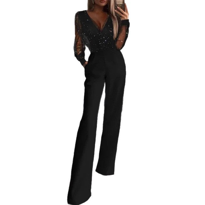 Damen Elegante Jumpsuit mit transparenter Bluse und schimmernden Akzenten