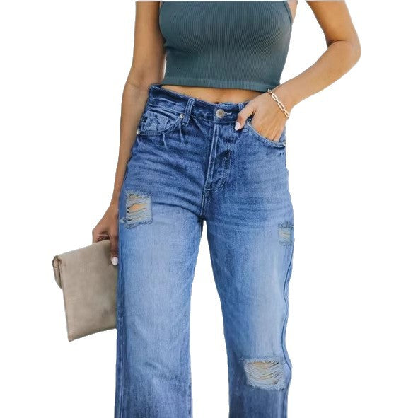Damen hochtaillierte Relaxed‑Straight Denim‑Jeans mit weitem Bein und dezenten Destroy‑Details Shop Nory