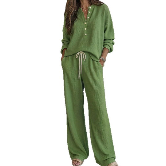 Damen Waffelstrick-Loungewear-Set mit Henley-Oberteil und weiter Kordelbundhose Shop Nory