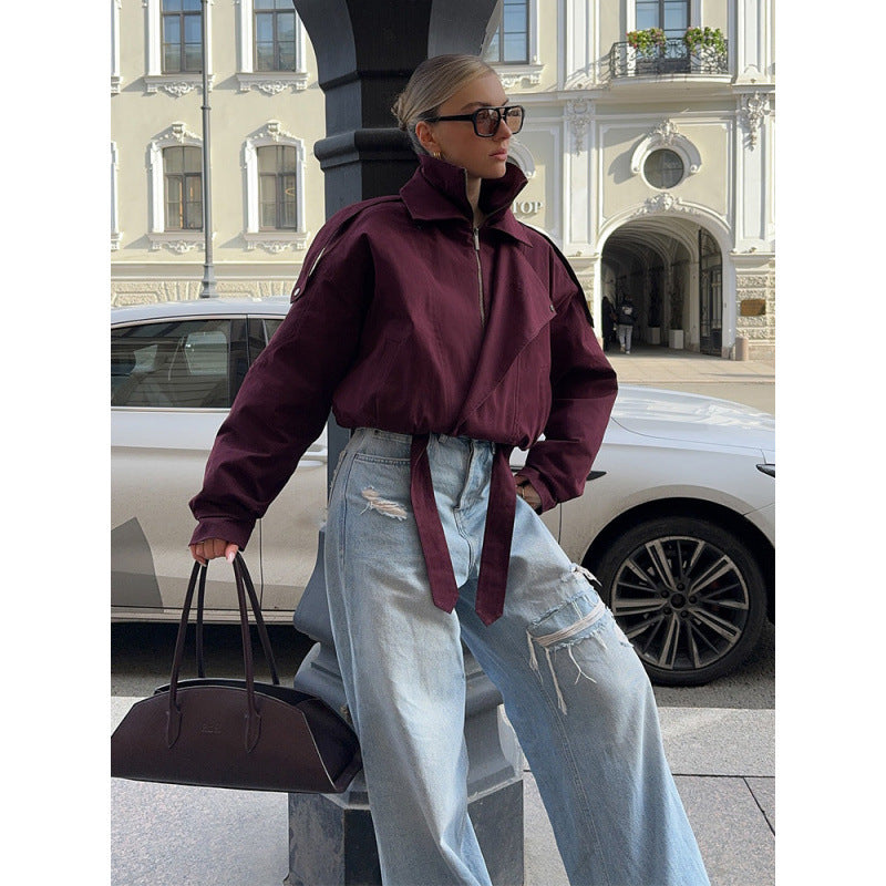 Damen Kurz geschnittene Oversize-Bomberjacke mit hohem Stehkragen, Tunnelzug und Schulterklappen Shop Nory