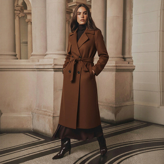 Damen Langer taillierter Wollmantel mit doppelreihiger Knopfleiste und Bindegürtel Shop Nory