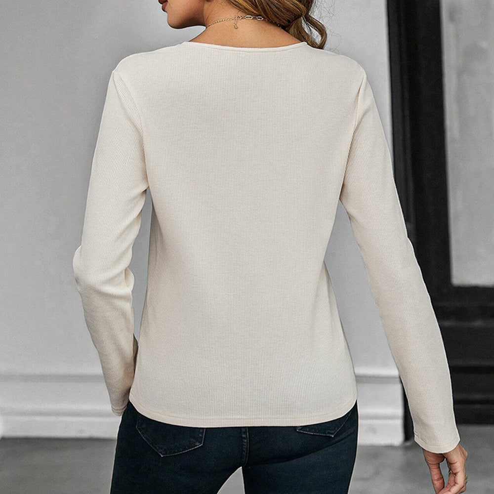 Damen geripptes Langarmshirt mit V‑Ausschnitt und dekorativem Schlüsselcutout Shop Nory