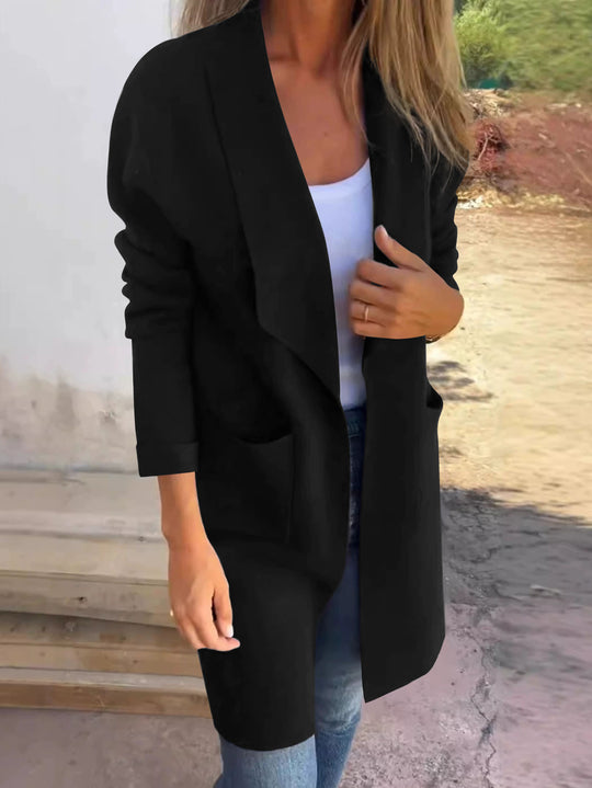 Damen Longline Blazer mit Schalkragen, offenem Schnitt und aufgesetzten Taschen Shop Nory
