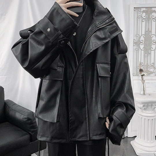 Herren Weitgeschnittene Kunstlederjacke mit Kapuze, Utility-Taschen und verstellbaren Manschetten Shop Nory