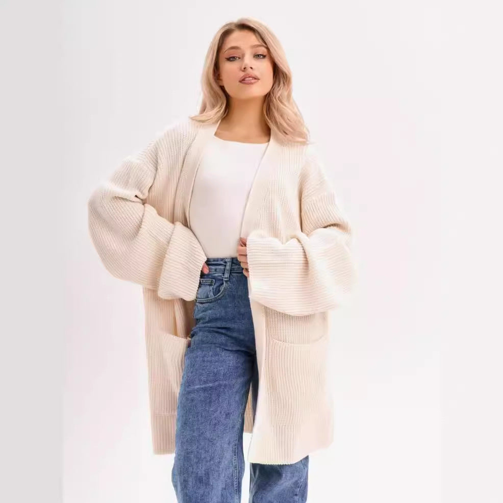 Damen kuscheliger langer Strickcardigan mit weiten Ärmeln und praktischen Taschen Shopnory