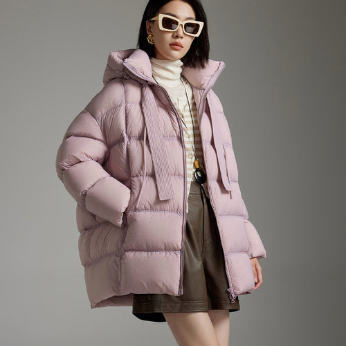Damen Steppige wärmende Daunenjacke mit Kapuze und weiter Silhouette Shop Nory