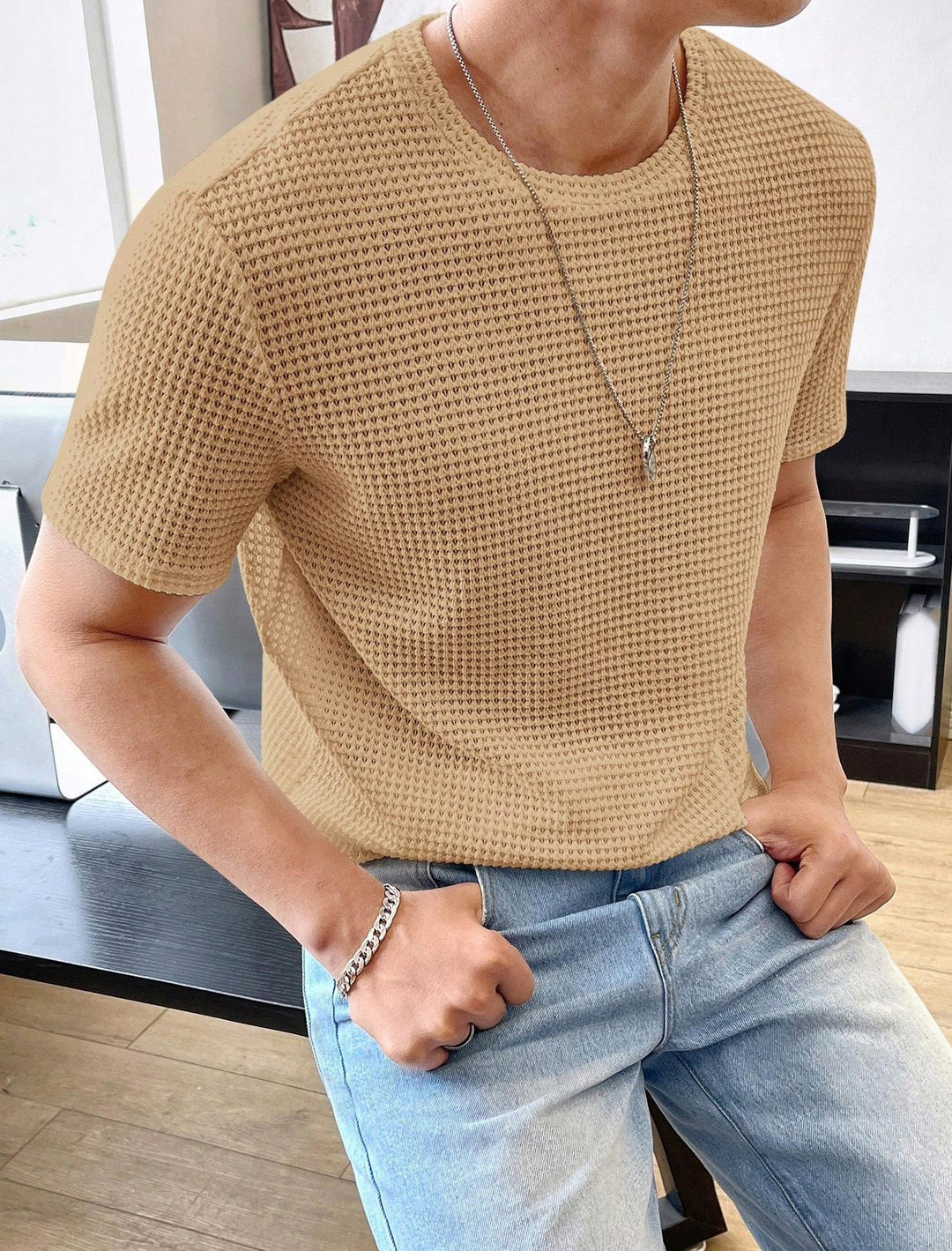 Herren lässiges Struktur-T-Shirt aus atmungsaktivem Material