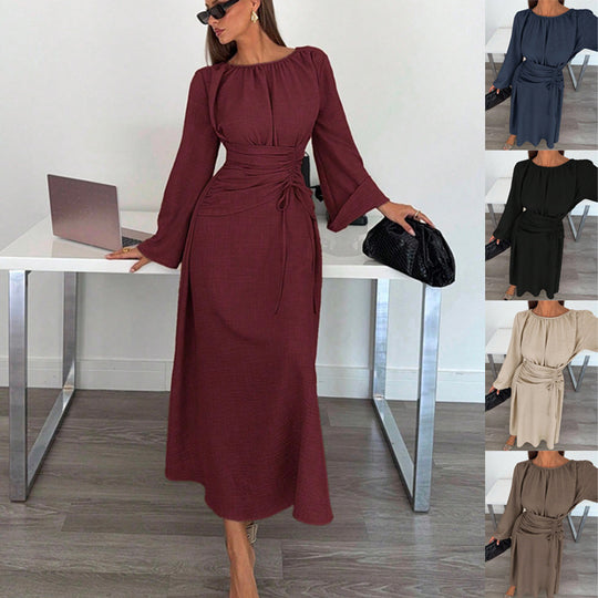 Damen Maxikleid mit geraffter Taillen-Schnürung, weiten Ärmeln und fließendem Rock Shop Nory