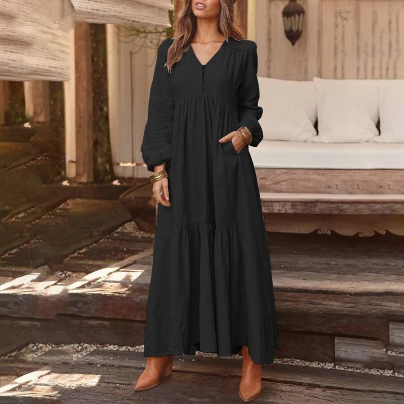 Damen Langes Stufenkleid aus Leinenmix mit V-Ausschnitt und Eingrifftaschen Shop Nory