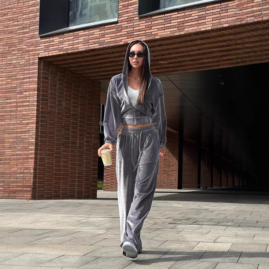 Damen weiches Velours-Lounge-Set mit kurzer Reißverschluss-Kapuzenjacke und weiter High-Waist-Hose Shop Nory