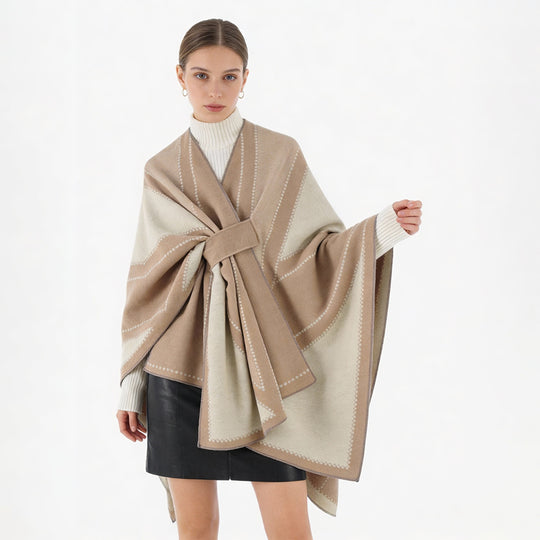 Damen Reversibler Wollmix-Poncho mit grafischem Jacquardmuster und Taillengürtel Shop Nory