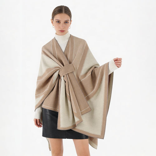 Damen Reversibler Wollmix-Poncho mit grafischem Jacquardmuster und Taillengürtel Shop Nory
