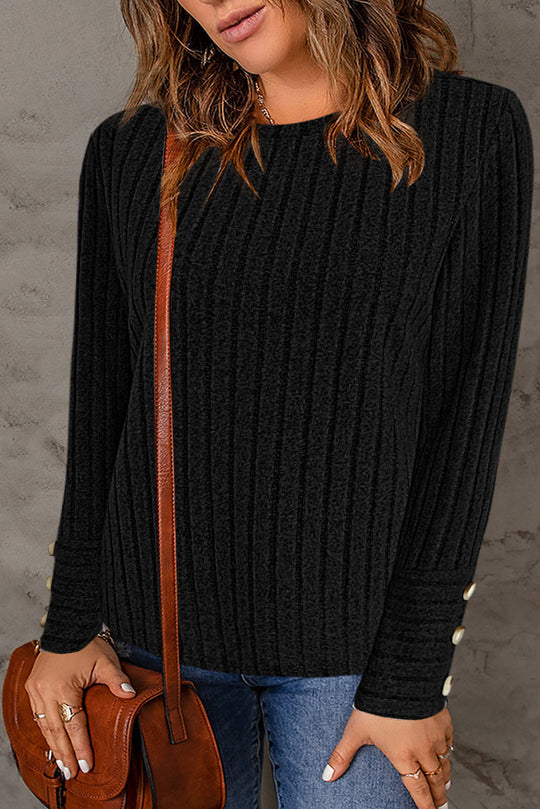 Damen Gerippter Feinstrickpullover mit Rundhalsausschnitt und Zierknopf‑Manschetten Shop Nory