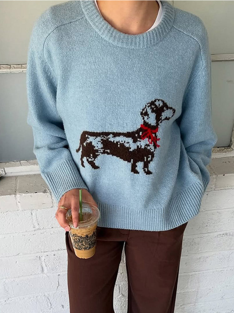 Damen Strickpullover mit Dackel‑Intarsia und entspanntem Oversize‑Schnitt Shop Nory