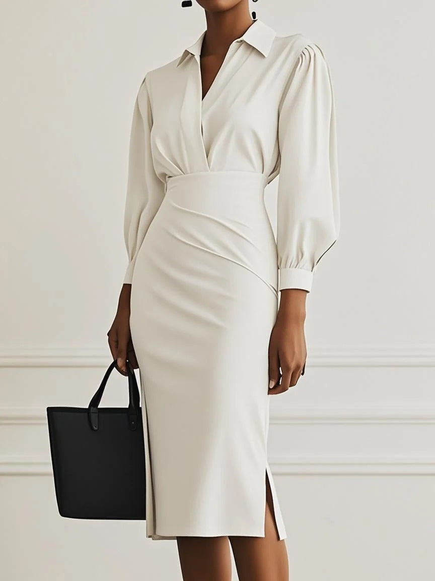 Damen Hemdblusen-Etuikleid mit V‑Wickel, Puffärmeln und taillierter Midilänge Shop Nory