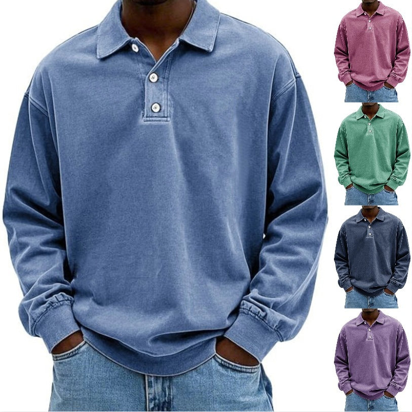 Herren Oversize Denim-Look Polo-Sweatshirt mit kurzer Knopfleiste und elastischen Bündchen EB