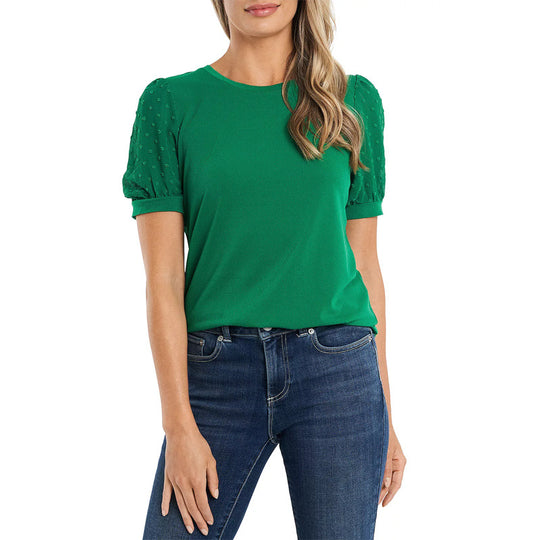 Damen Tailliert-lockeres Jersey-Shirt mit perlenbesetzten Puffärmeln Shop Nory