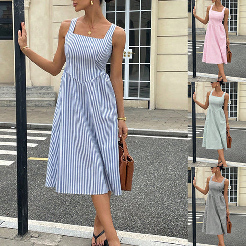 Damen Midikleid mit quadratischem Ausschnitt, breiten Trägern und tailliertem A-Linien Schnitt Shop Nory