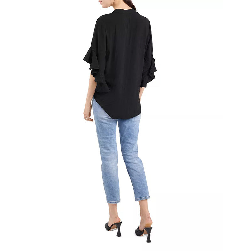 Damen Rüschen-Bluse mit V-Schlitz, lockerem Schnitt und Trompetenärmeln Shop Nory