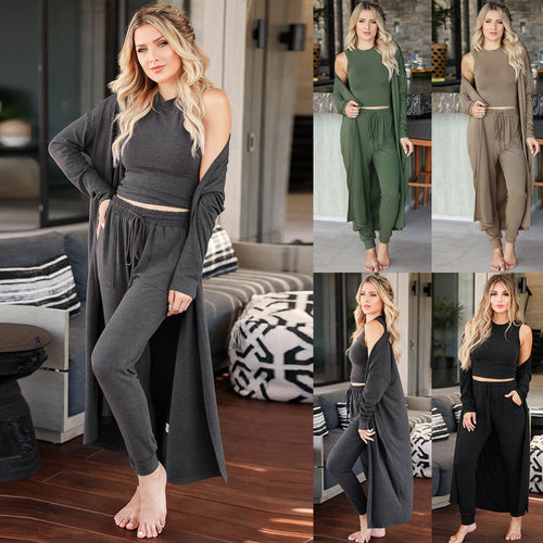 Damen Dreiteiliges Lounge-Set aus weichem Viskosemix mit Longcardigan, Crop-Top und Jogginghose Shop Nory