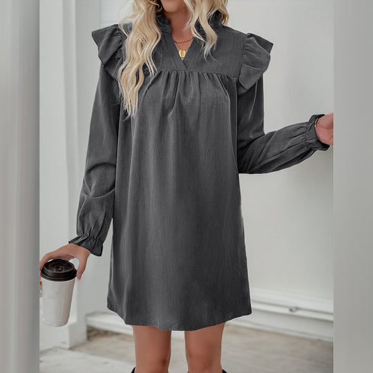 Damen Rüschen-A-Linien Kleid mit geraffter Brust und V-Ausschnitt Shop Nory