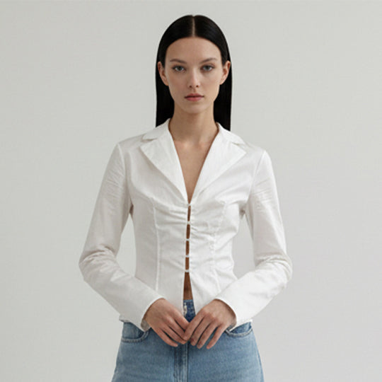 Damen Taillierte Popeline-Hemdbluse mit Korsettnähten & Häkchenfront Shop Nory