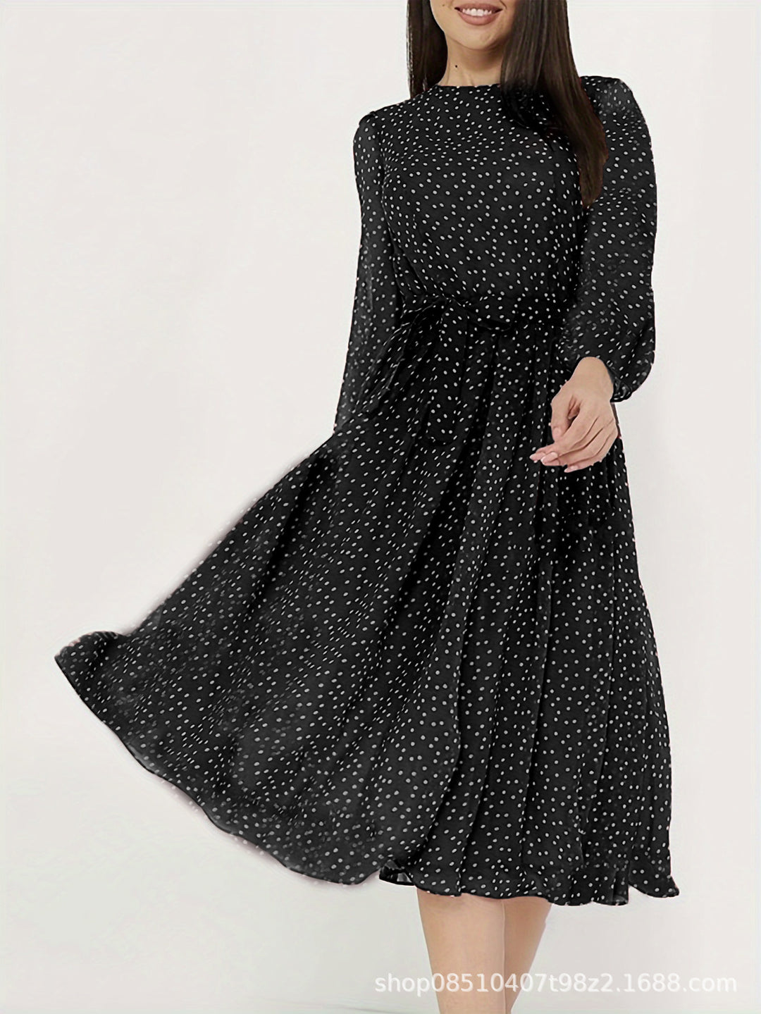 Damen Midikleid mit Punkten, taillierter Bindegürtel und Volantrock Shop Nory