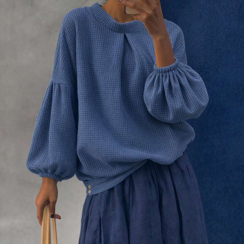 Damen Oversize Waffelstrickpullover mit Ballonärmeln und Kellerfalte Shop Nory