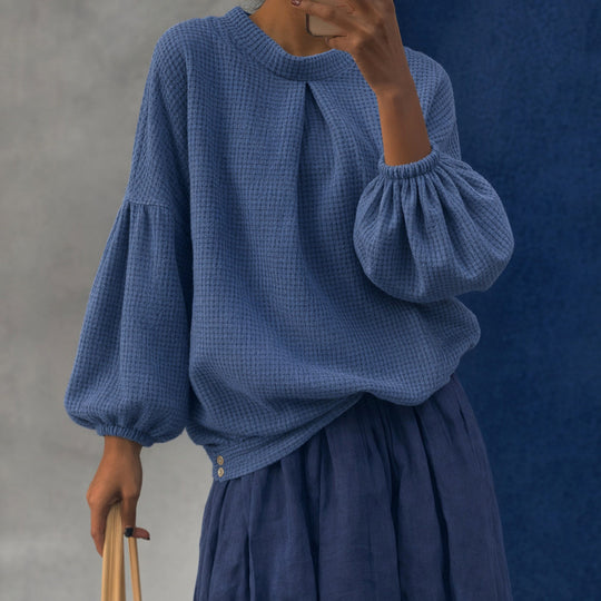 Damen Oversize Waffelstrickpullover mit Ballonärmeln und Kellerfalte Shop Nory