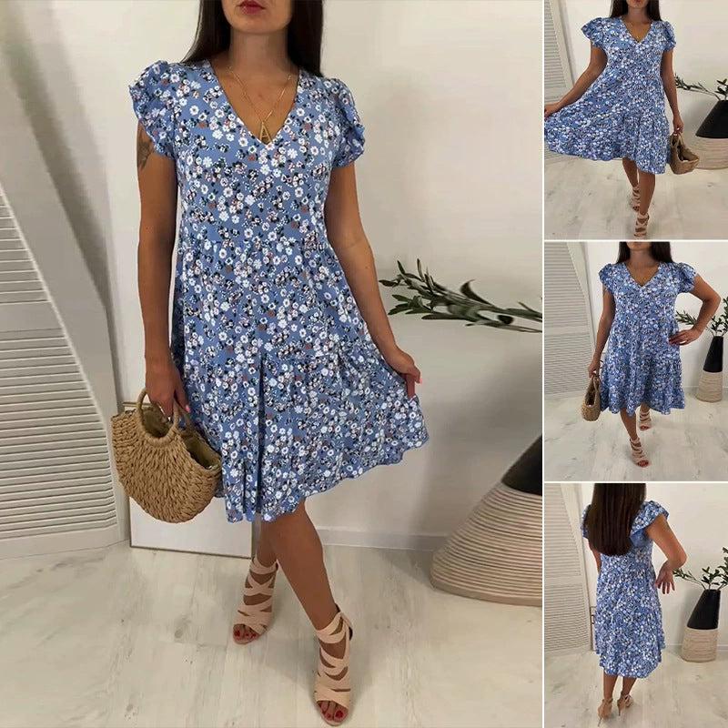 Damen Sommerliches Blütenmuster Kleid mit V-Ausschnitt und Rüschendetails