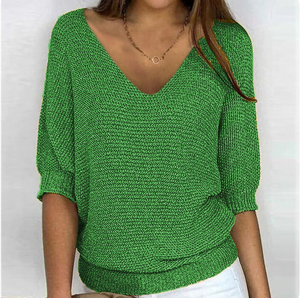 Damen nan lässiger Strickpullover mit V-Ausschnitt und Fledermausärmeln Shop Nory