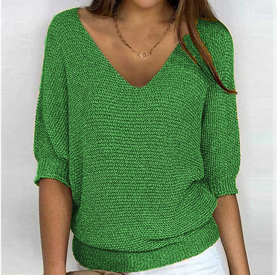 Damen nan lässiger Strickpullover mit V-Ausschnitt und Fledermausärmeln Shop Nory