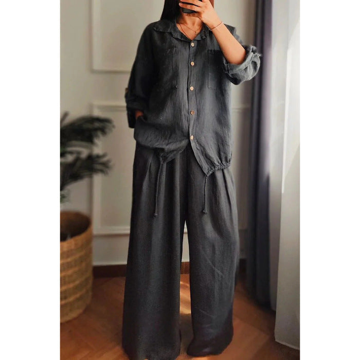 Damen Leinen-Set mit weiten Hosen undlässiger Bluse