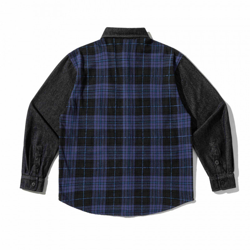 Unisex Kastenförmiges Karomix-Overshirt mit Denim-Ärmeln und Brustpattentaschen Shop Nory