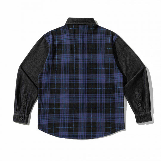 Unisex Kastenförmiges Karomix-Overshirt mit Denim-Ärmeln und Brustpattentaschen Shop Nory