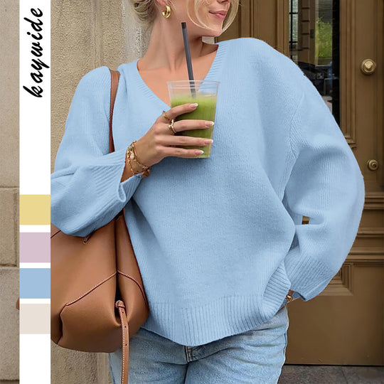 Damen nan oversized V-Ausschnitt Feinstrickpullover mit überschnittener Schulter, langen Kimonärmeln und breitem Rippbund Shop Nory
