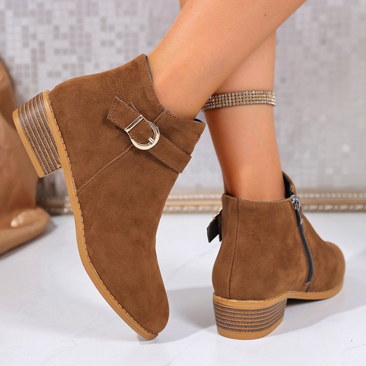 Damen Veloursleder-Ankle-Boots mit seitlichem Reißverschluss, Zier-Schnalle und niedrigem Blockabsatz Shop Nory