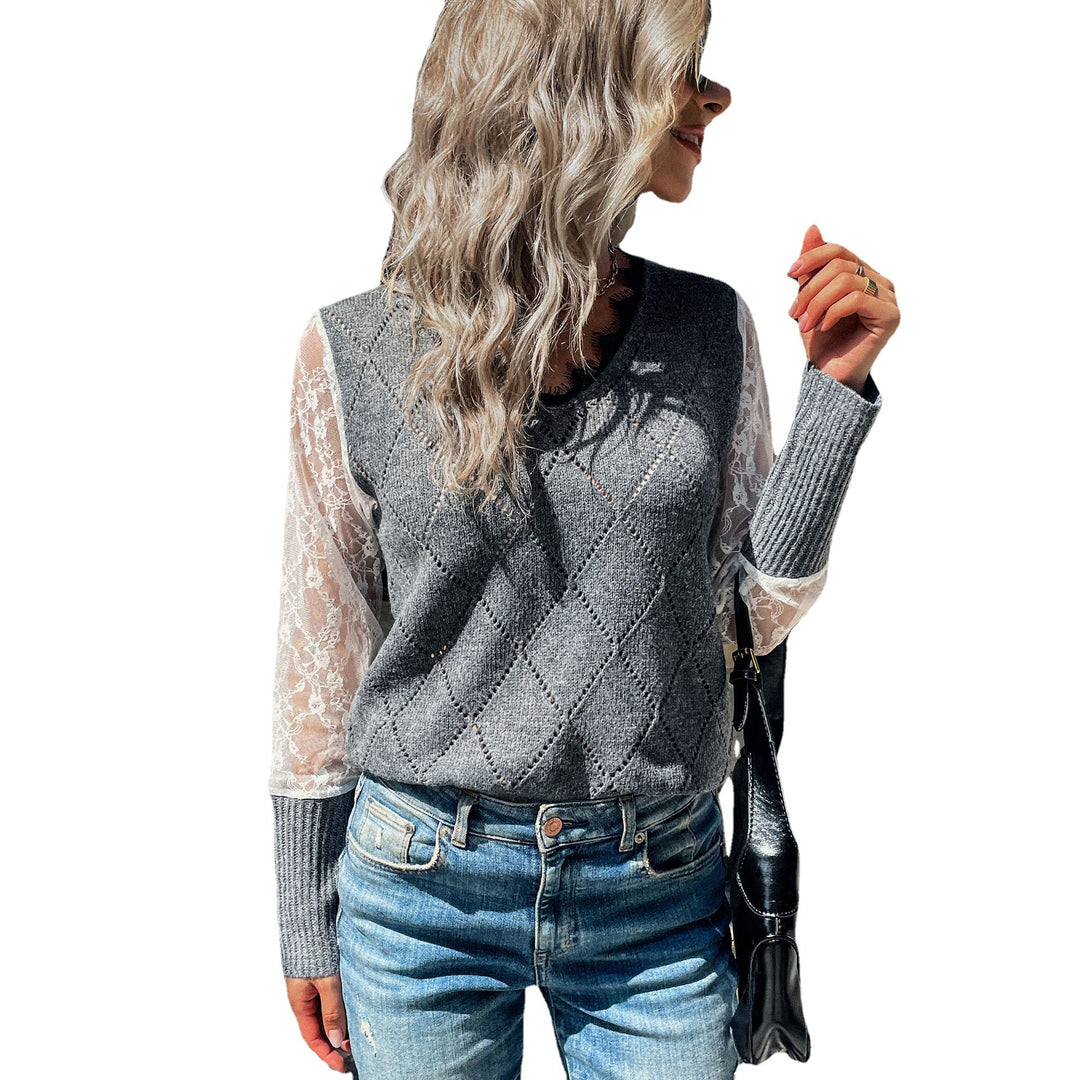 Damen Lässiger Feinstrickpullover mit Ajour‑Rautenmuster, transparenten Spitzenärmeln und gerippten Bündchen Shop Nory