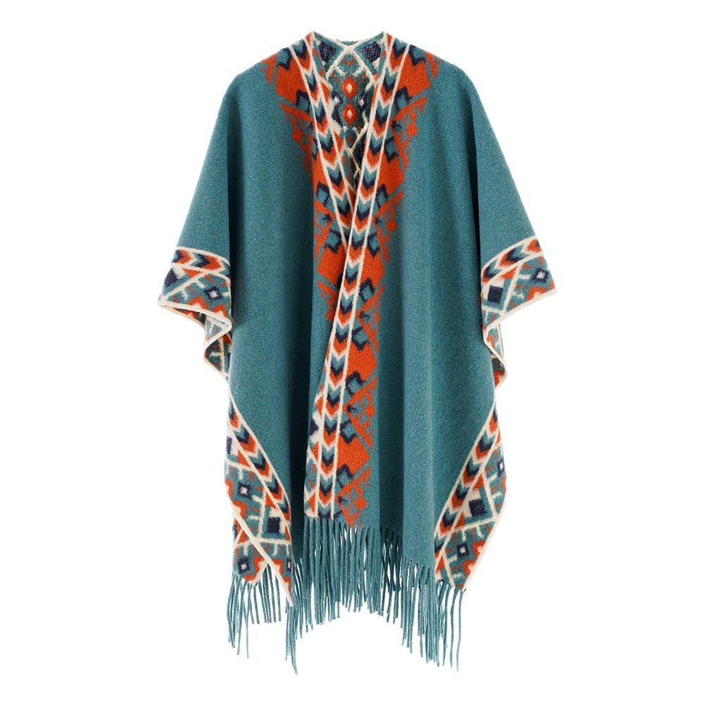 Damen Poncho‑Überwurf mit Ethno-Jacquard und Fransensaum Shop Nory