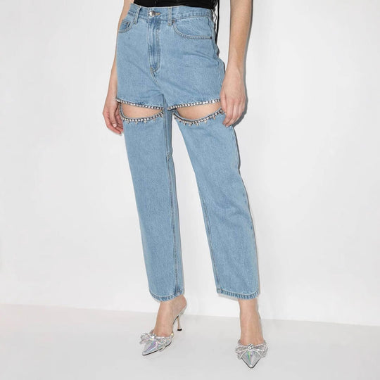 Damen ripped Jeans mit strassbesetzten Schnittstellen