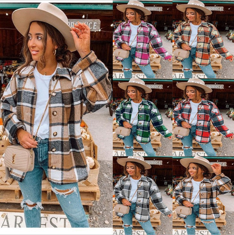 Damen Oversized Kariertes Flanell‑Shacket mit Brusttaschen und Holzknöpfen Shop Nory