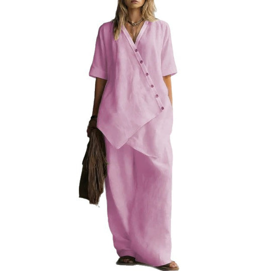 Damen Leinen-Zweiteiler mit asymmetrischer Knopfleiste und weiter Palazzo-Hose Shop Nory