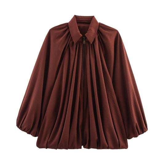 Damen Oversize-Hemdbluse mit Reißverschluss, Kräuselung und Ballonärmeln Shop Nory