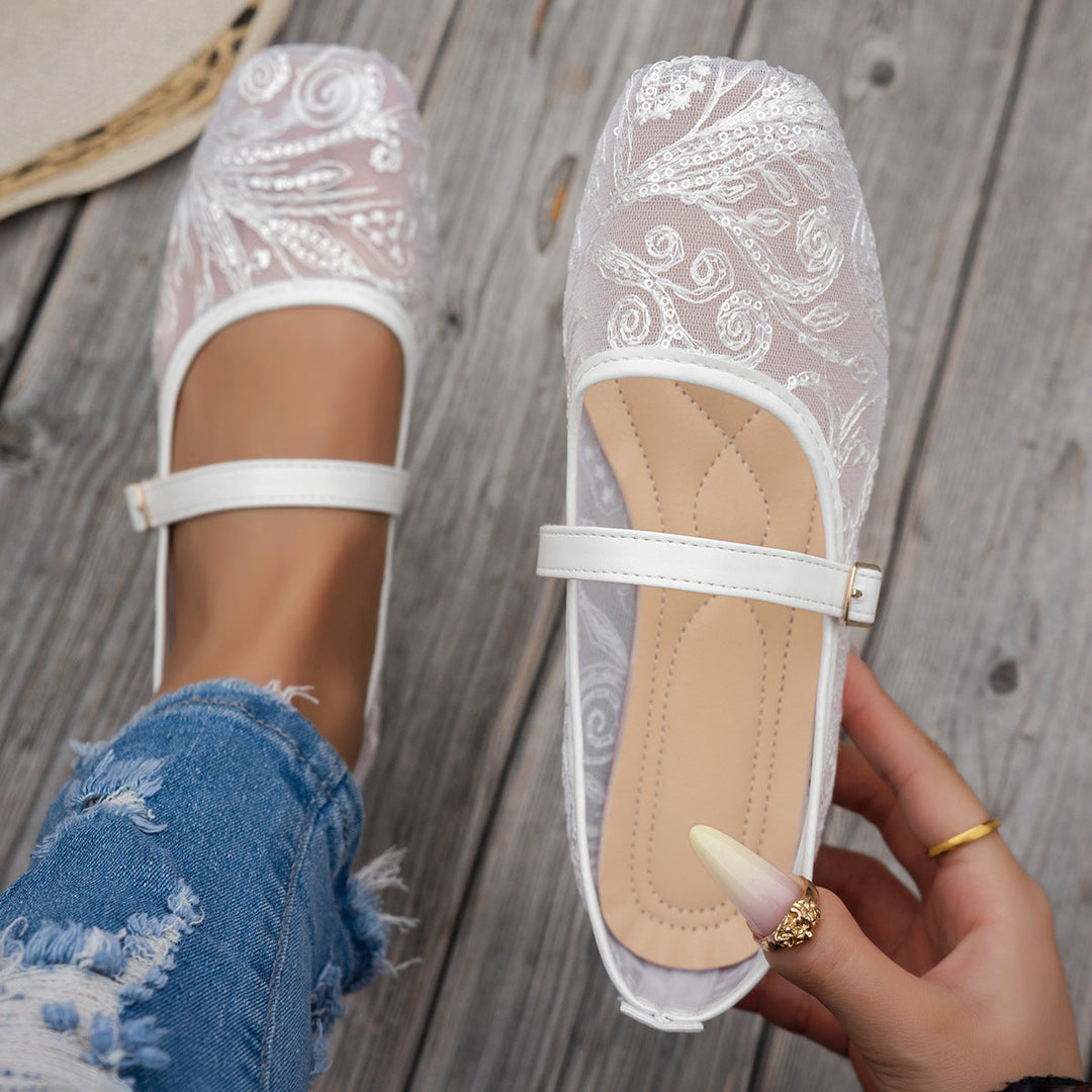Damen elegante Ballerinas mit floralen Applikationen und rutschfester Sohle