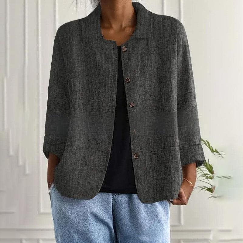 Damen Oversized Leinen-Hemdjacke mit Hemdkragen, 3/4-Ärmeln und durchgehender Knopfleiste Shop Nory