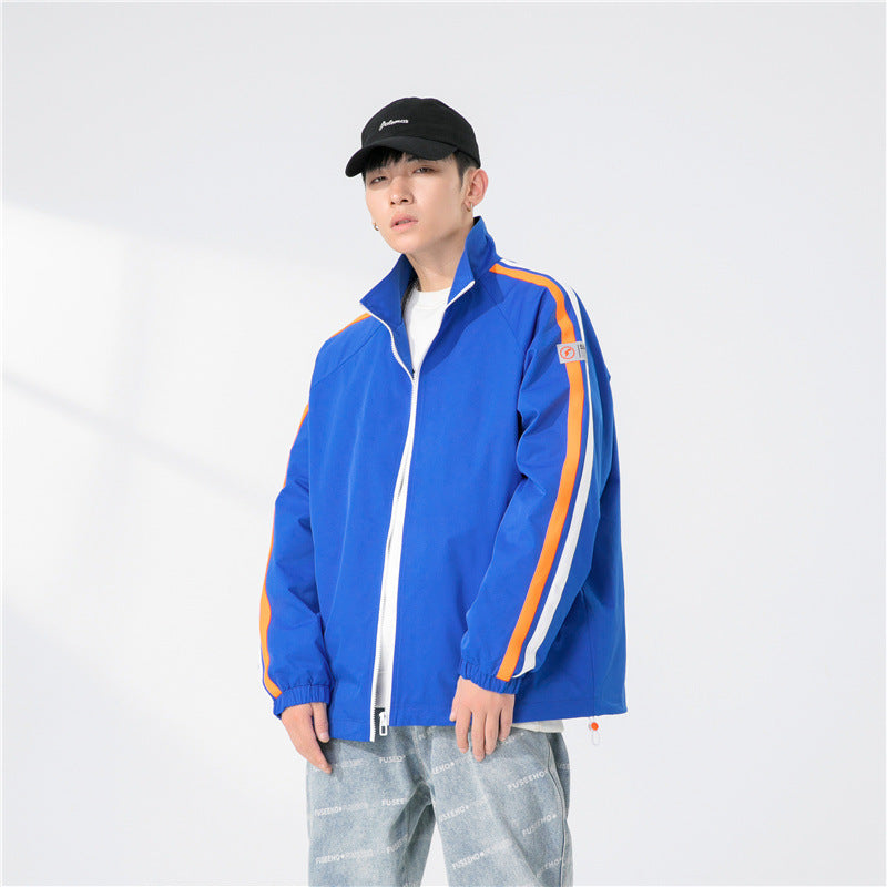 Herren Locker geschnittene Trackjacke mit Stehkragen, kontrastierenden Streifenärmeln und elastischen Bündchen Shop Nory
